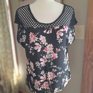 Express Black Floral Short Sleeve Top with Mesh Yoke
